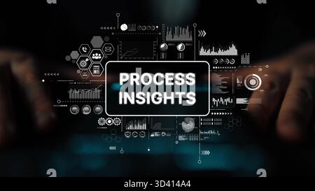 Hands Connecting with Digital Interface Displaying Process Insights and Analytical Data Visualization for Business Growth. Asymptotic smart data Stock Photo