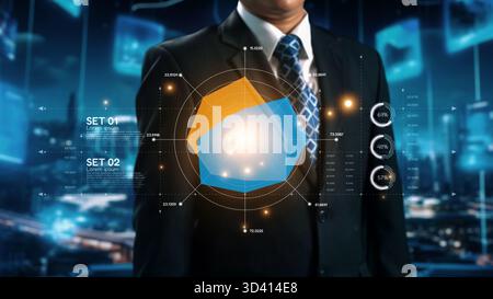 A business professional stands confidently in a modern office, analyzing data represented through graphs and charts, showcasing technology and Stock Photo