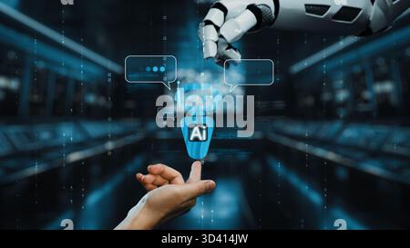This image showcases a human hand reaching out to a robotic arm, symbolizing the advanced interaction and communication between humans and artificial Stock Photo