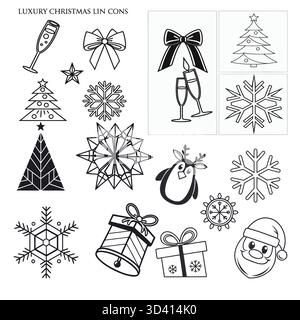 adorable santa claus and reindeer vector art with wrapped presents, stars and candy cane in simple line drawing style. Stock Vector