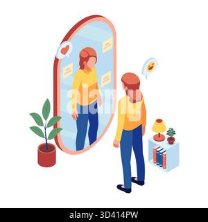 Isometric Woman Standing In Front Of Mirror with Positive Affirmations and Encouraging Sticky Notes. Positive Affirmation Concept Stock Vector