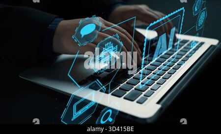 Explore the synergy of technology and artificial intelligence in business through a captivating visual, featuring hands typing on a laptop surrounded Stock Photo
