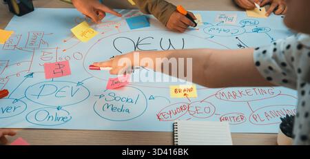 A vibrant brainstorming session featuring diverse hands engaging with colorful sticky notes and markers on a large table, focusing on digital Stock Photo