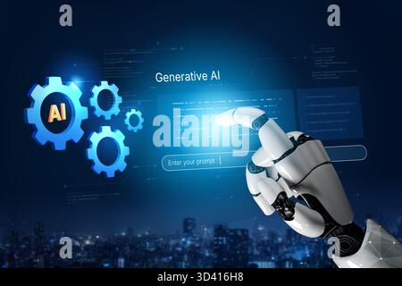 A generative AI assistant displays its own enterprise platform. This technology demonstrates its machine learning capabilities for business automation Stock Photo