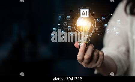 AI neural network and data processing system visualizing artificial intelligence with brain structure, chip, and connected data blocks for computation Stock Photo