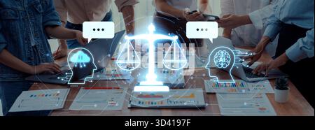 A diverse group of professionals collaborates in a modern workspace, analyzing data charts while balancing ethics and technology, represented through Stock Photo