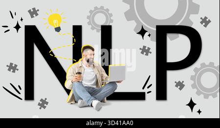 Collage with young man using laptop and word NLP on grey background Stock Photo