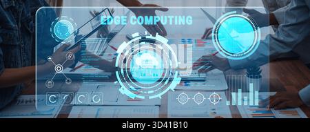 A dynamic modern office scene showcasing edge computing concepts through innovative data analysis and collaborative teamwork, reflecting the future of Stock Photo