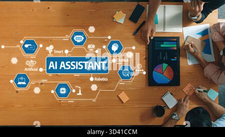 A vibrant illustration showcasing an AI assistant concept in a collaborative workspace, featuring smart technology graphics, charts, and professionals Stock Photo