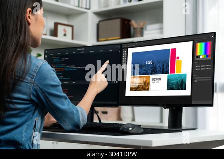 Graphic designer software for modern design of web page and commercial brisk ads showing on the computer screen Stock Photo
