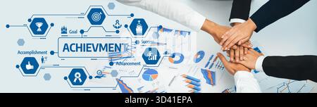 A vibrant visual representation of achievement and success, showcasing diverse hands united in teamwork, surrounded by graphs, icons, and Stock Photo