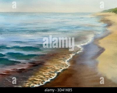 Early morning by the sea watercolor background. Hand painted illustration Stock Photo