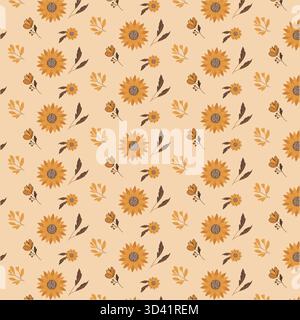 Cozy sunflower and golden leaf pattern offers a welcoming autumn feel for textile prints, scrapbooking, and designs needing a touch of warm Stock Vector