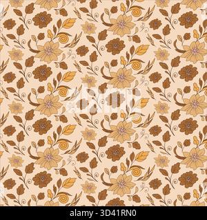 Seamless floral pattern in warm earth tones evokes vintage charm. Perfect for textiles, wallpapers, and designs needing a retro botanical touch. Stock Vector