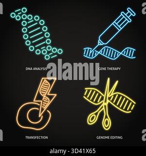 Genetic research and biotechnology neon icon set. DNA analysis and therapy symbols. Vector illustration. Stock Vector