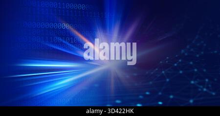 Futuristic Digital Data Flow with Binary Code and Network Connections . Long streaks of orange and blue light moving fast on night city street. Stock Photo