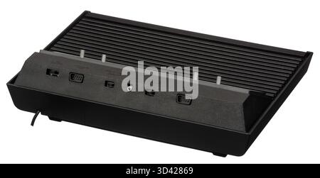 September 1977 Atari Video Computer System (VCS) home video game console "Darth Vader" black version, showing rear ports Stock Photo