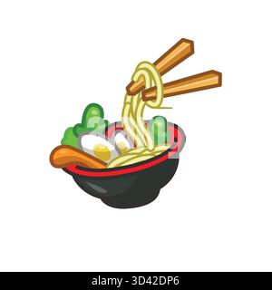 Stylized ramen illustration with noodles lifted by chopsticks, boiled egg, green vegetables and meat in black bowl Stock Vector
