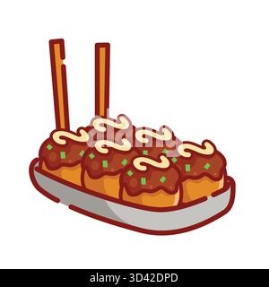 Six golden takoyaki balls topped with sauce, mayo and green garnish served with chopsticks on plate Stock Vector
