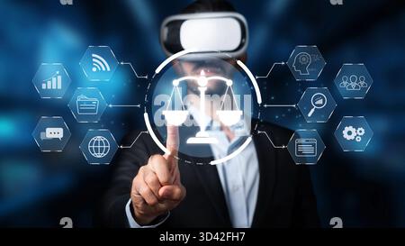 A business professional engaged in a virtual reality experience, interacting with symbolic scales of justice, showcasing the fusion of technology and Stock Photo