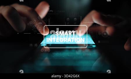 Modern Hands Using Smartphone with Smart Integration Concept and Digital Interface Elements in Dark Environment. Asymptotic smart data analytic. Stock Photo