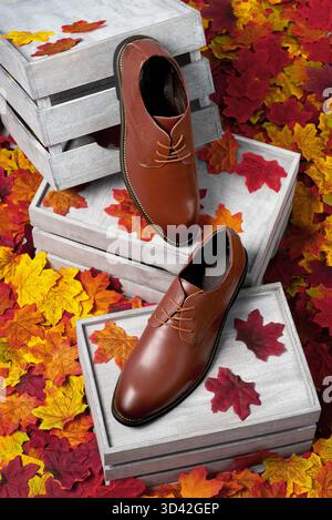 A stylish pair of brown leather shoes is displayed on wooden crates, surrounded by vibrant autumn leaves in shades of red, yellow, and orange. Stock Photo