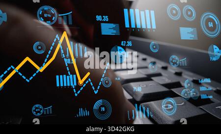 This image showcases a close-up view of financial data analysis. Dynamic graphs and digital indicators overlay a keyboard, symbolizing modern Stock Photo