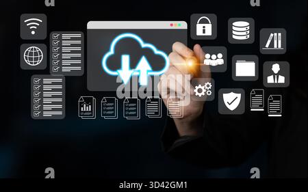 Cloud upload and download icon with surrounding data management, security, and analytics icons in digital interface Parse Stock Photo