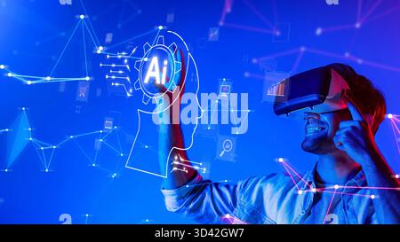 A smiling man uses a virtual reality headset, engaging with artificial intelligence concepts against a vibrant, tech-inspired background full of data Stock Photo