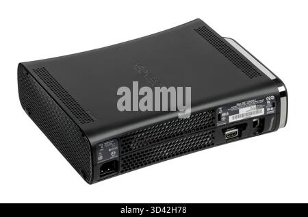 2007 Rear view of Microsoft Xbox 360 Elite gaming console, black, 120GB hard drive for storage, Includes an HDMI port Stock Photo