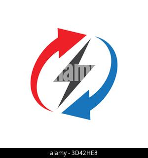 Abstract icon illustrating energy exchange with a central lightning bolt surrounded by contrasting red and blue curved arrows Symbolizes power flow an Stock Vector