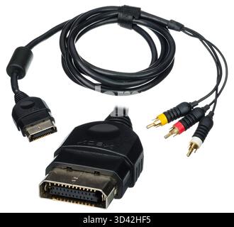 Old Skool AV Composite Cable for the original Xbox console.  It provides audio and video output to standard TVs or monitors. Stock Photo