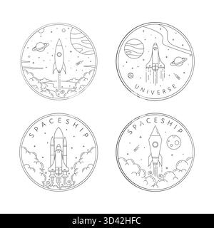 Four minimalist line art illustrations depict spaceships launching into space, surrounded by clouds, planets, and stars within circular badges Stock Vector