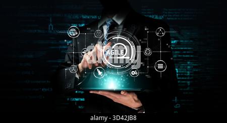 A businessman interacts with a digital tablet displaying an agile framework and AI elements, symbolizing innovation and modern technology in today Stock Photo