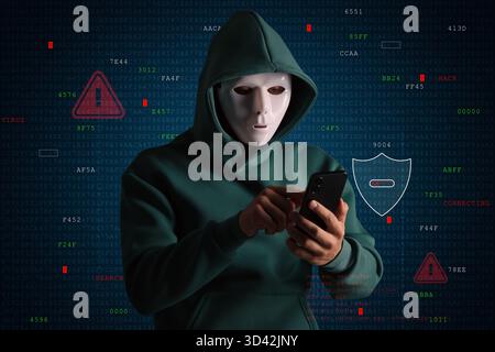 Cyber attack. Anonymous hacker using mobile phone to crack password on dark background. Warning signs around Stock Photo