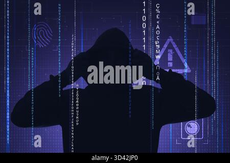 Cyber attack. Anonymous hacker in mask on dark blue background. Programming codes and different symbols Stock Photo