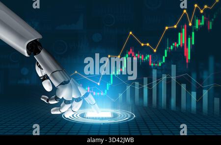 A futuristic robotic hand engages with digital data, symbolizing innovation in finance. The background features stock market trends, emphasizing Stock Photo