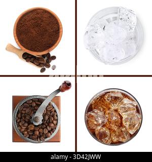 Iced coffee preparation on white background, collage. Top view Stock Photo