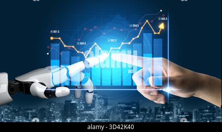 A human hand interacts with a robotic hand, illustrating the fusion of technology and business analytics amidst a digital data landscape in an urban Stock Photo