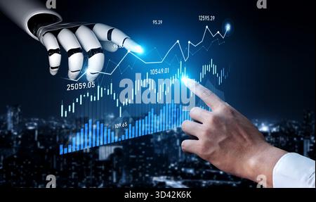 This image illustrates the dynamic interaction between human and robot in finance, showcasing data analytics, graphs, and futuristic cityscape at Stock Photo