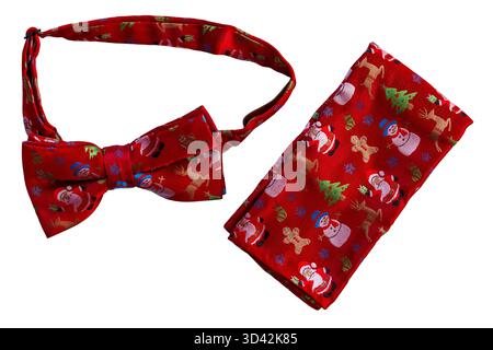 Novelty Christmas bow tie and matching pocket handkerchief hankie isolated on white background Stock Photo
