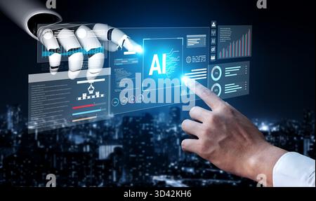 AI assists in creating intelligent automation systems that integrate robotics, analytics, and data-driven processes to increase productivity and Stock Photo