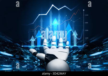 A futuristic robotic hand engages with vibrant digital graphs, symbolizing the intersection of technology and finance through advanced data analysis Stock Photo