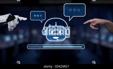 Explore the futuristic world of chatbot interaction with a virtual assistant interface, showcasing the seamless connection between technology and Stock Photo