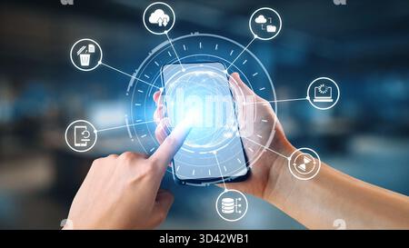 Cloud backup system connects devices through a secure data backup network. Data backup ensures protection, data backup reliability, and recovery. Gist Stock Photo
