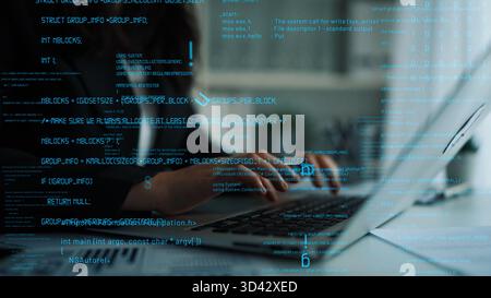 A close-up shot showcasing hands typing on a laptop, surrounded by streams of code and digital data, highlighting the dynamic world of technology and Stock Photo