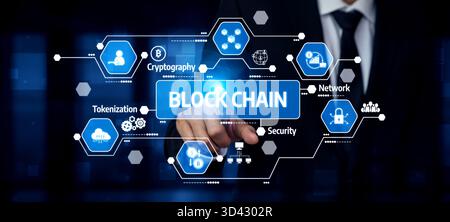 A professional businessman engages with a futuristic blockchain technology display, showcasing elements of security, cryptography, and network Stock Photo