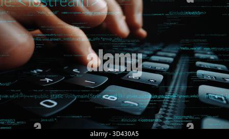 A close-up image shows hands rapidly typing on a computer keyboard, overlaid with lines of code, symbolizing the dynamic relationship between Stock Photo