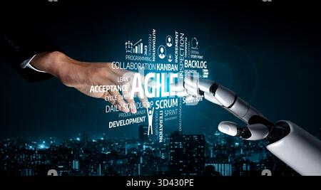 A human hand reaches out to a robotic hand, symbolizing collaboration in agile project management. This image explores teamwork and innovation in Stock Photo