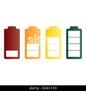 Four battery icons. Power energy symbol. Colorful Vector set. Red orange yellow green. EPS 10. Stock Vector